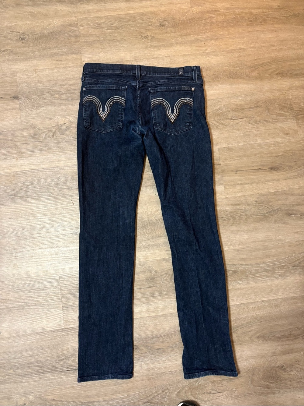 7 For All Mankind Dark Indigo Straight-Leg Jeans with Embroidered Pockets